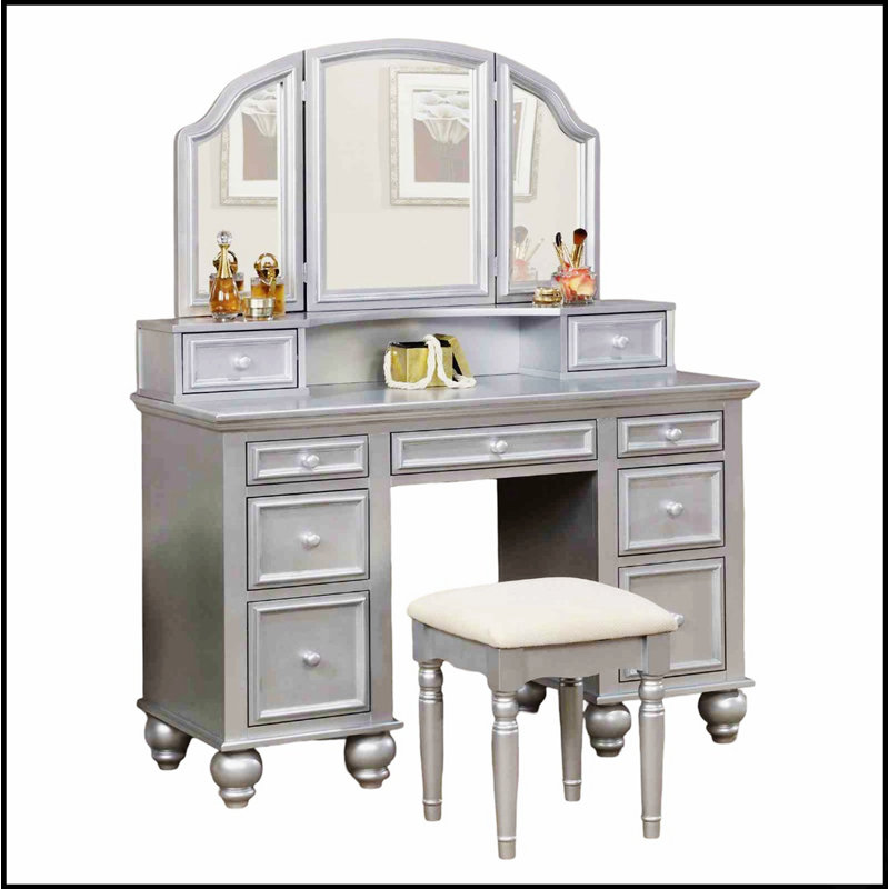 Ensemble de coiffeuse de style transitionnel avec tabouret, tiroirs de rangement et miroir à 3 côtés pour des meubles de chambre à coucher élégants