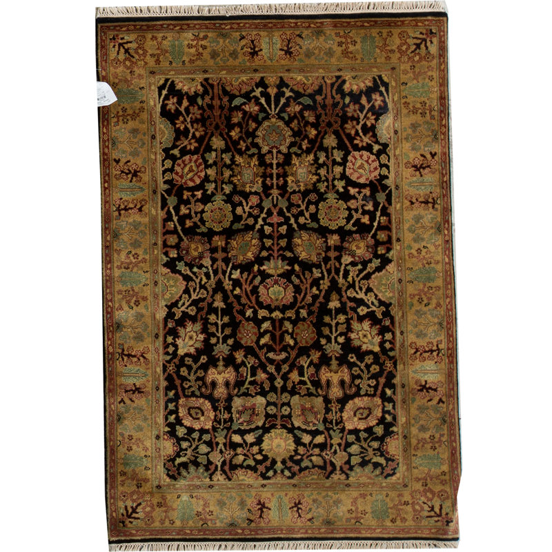 Wool Floral Area Rug in Black/Ivory