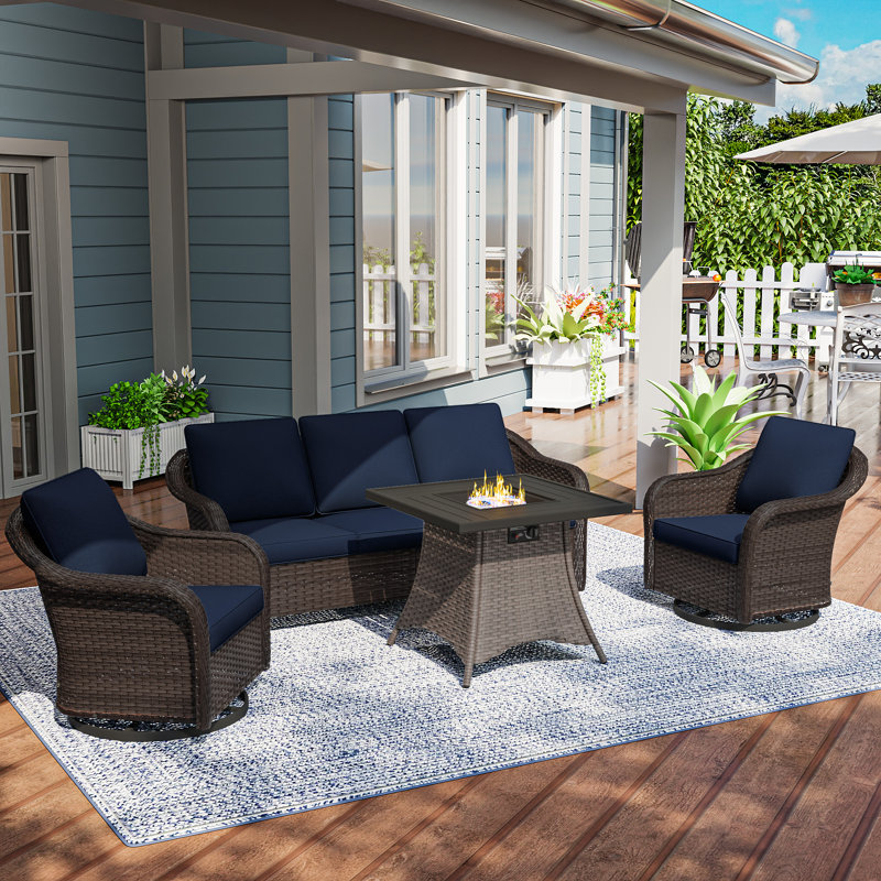 Ensemble de conversation d'extérieur en osier pour patio avec table de foyer optionnelle, Bleu