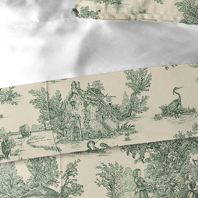 Ensemble d'édredon en coton Toile De Jouy, Édredon très grand super + 2 taies décoratives, Vert