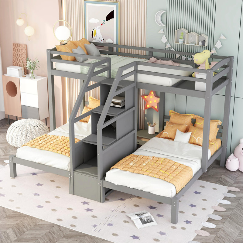  Twin over Twin Bunk Bed with Built-In Staircase and Storage Drawer, Space-Saving Loft Design, Gray