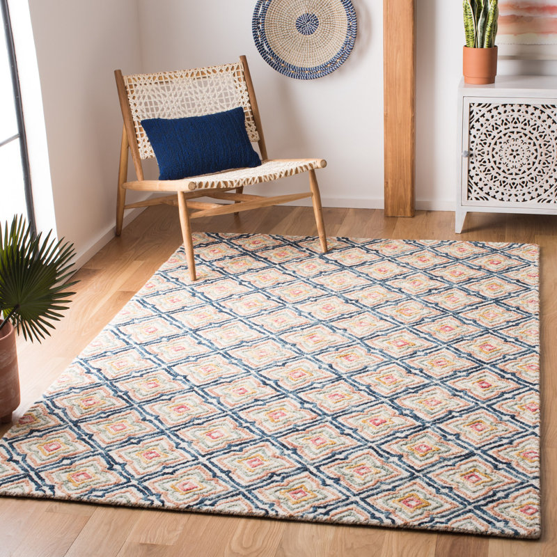 Tapis ivoire / bleu marine en laine touffeté à la main Rubalcava, Rectangle de 5 pi x 8 pi
