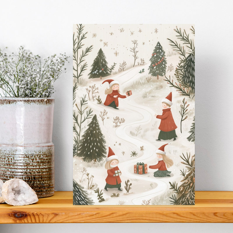Hiver, échange de cadeaux, arbre de Noël contemporain, pin, forêt, impression d'art mural, H 18 po x l 12 po