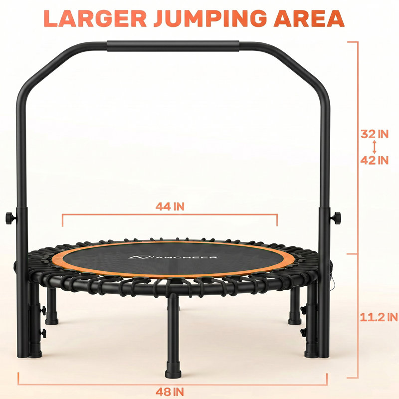 48" Foldable Mini Trampoline,Max Load 550Lbs Indoor Trampoline,With 4 Level Adjustable Foam Handle And Resistance Bands,Adult Exercise Trampoline For Home, Garden, And Gym
