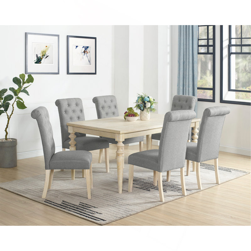 Ensemble de salle à manger 7 pièces à pieds tournés avec 6 chaises capitonnées, 7 pièces : table, 6 chaises, Gris