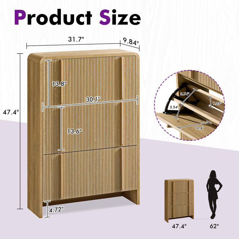 Dulane 24 Pair Shoe Storage Cabinet With 3 Flip Drawers, Natural, Natural