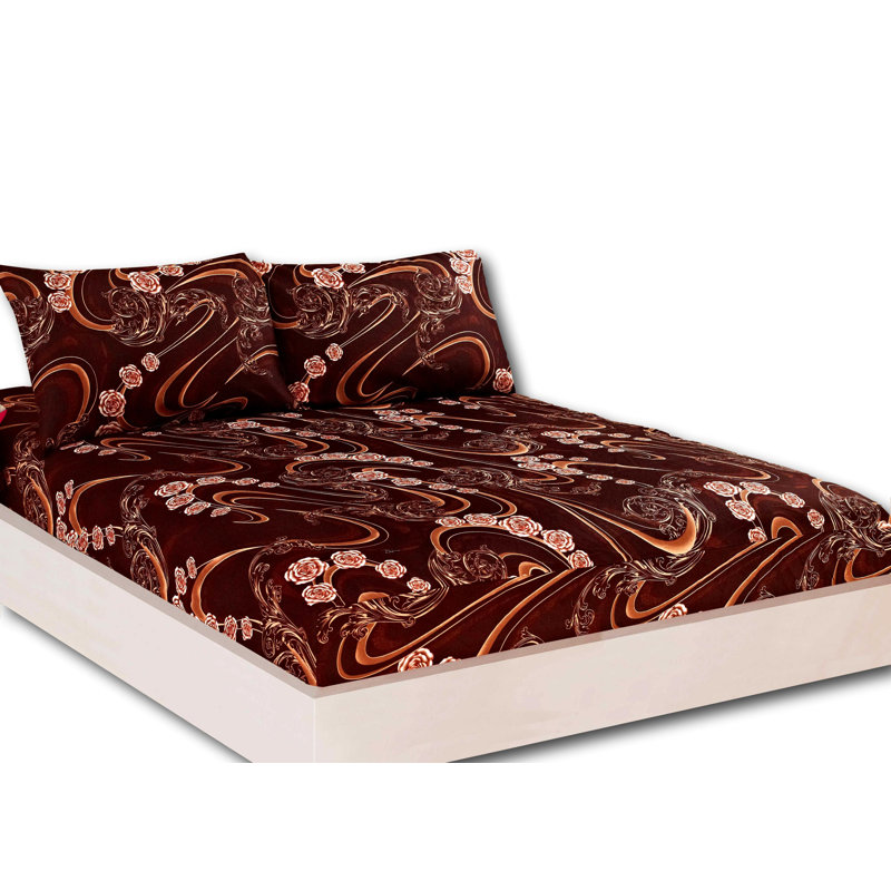 Damask Microfiber Damask Fitted Sheet, California King Fitted Sheet with Pillowcase, Chocolate Brown