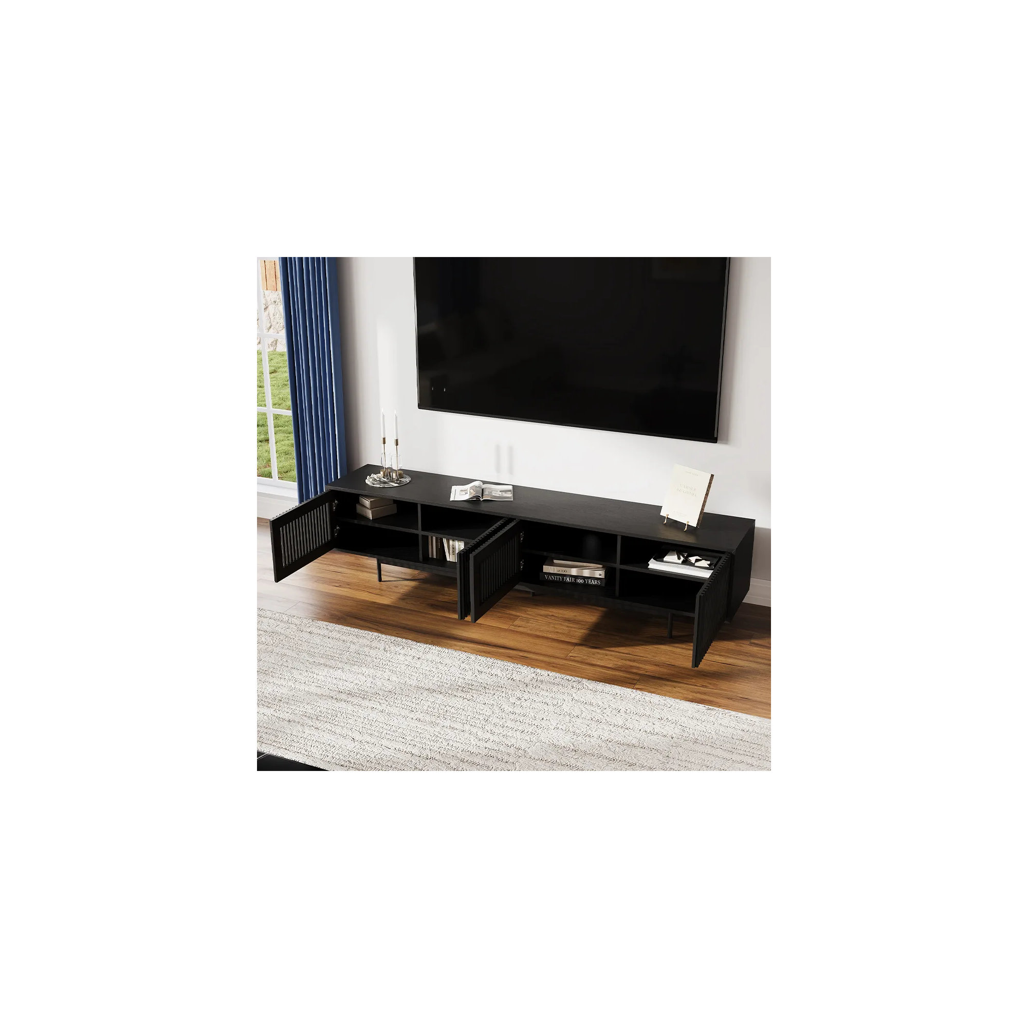 Mid-Century Modern TV Stand, Black, 21.26" H x 95" W x 18.89" D