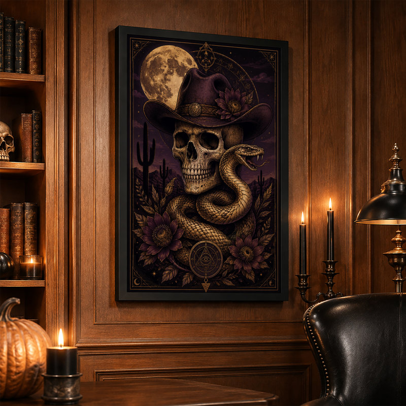 Art mural sur toile, grand crâne de lune avec chapeau de cowboy, 24"H x 16"W