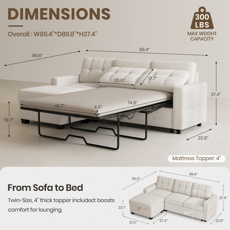 L-Shaped Sleeper Sectional Sofa With Hidden Storage, Beige Chenille