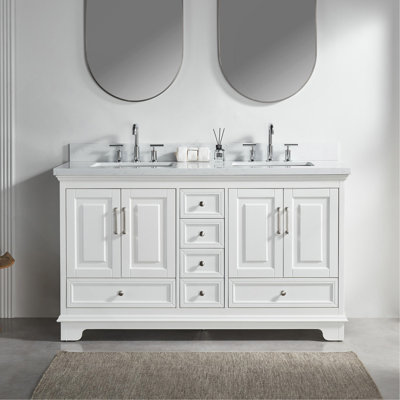 Meuble-lavabo double autoportant de 60 po avec pierre artificielle entièrement assemblé
