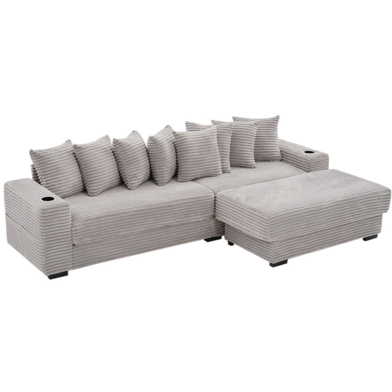 110.75" Modular L Shaped Sofa, Corduroy Fabric Sectional Couch,With A Movable Footstool, Cup Holders,Bring 8 Throw Pillows,Side Pocket,Unfold Into A Bed
