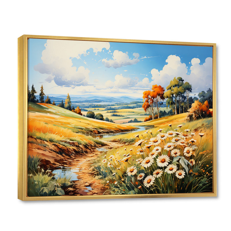 «Meadow Sunflower Symphony» sur toile, H 30 po x l 40 po x P 1,5 po, Cadre flottant doré