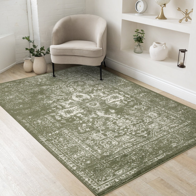 Tapis traditionnel vert Manzelli, Rectangle 7 pi 9 po x 10 pi 6 po