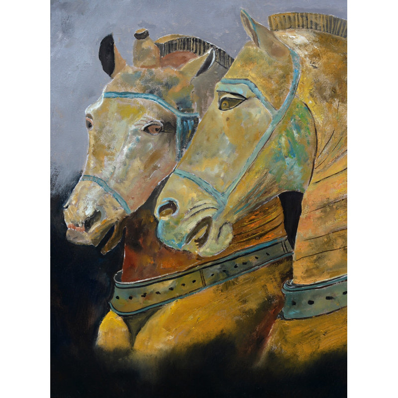 Deux chevaux par Pol Ledent - peinture, H 32 po x l 24 po, Toile tendue