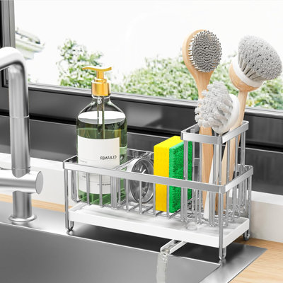 304 Sponge Holder for Kitchen Sink - Kitchen Sink Caddy with High Brush Holder & Soap Dispenser