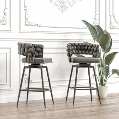 2 tabourets de bar en cuir technique, brun clair, pivotant à 360 °, fabrication en métal, tabouret de comptoir rembourré avec dossier et repose-pieds pour diverses occasions, tabourets de 28 po sur 2, cuir brun clair, 360 po