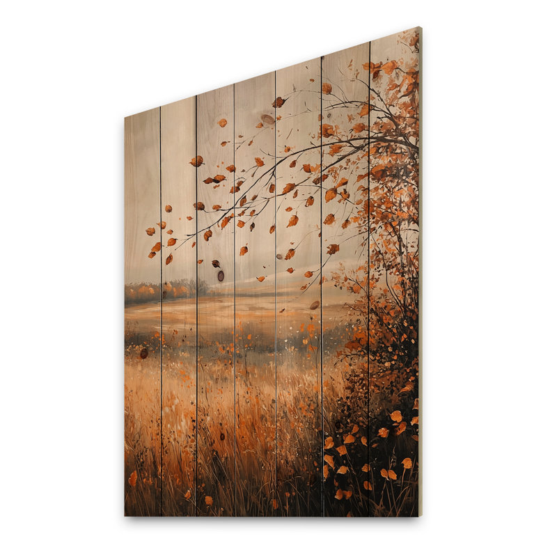 Windy Prairie Leaves in the American Prairies I - Art mural en bois de feuilles - sur bois de pin naturel