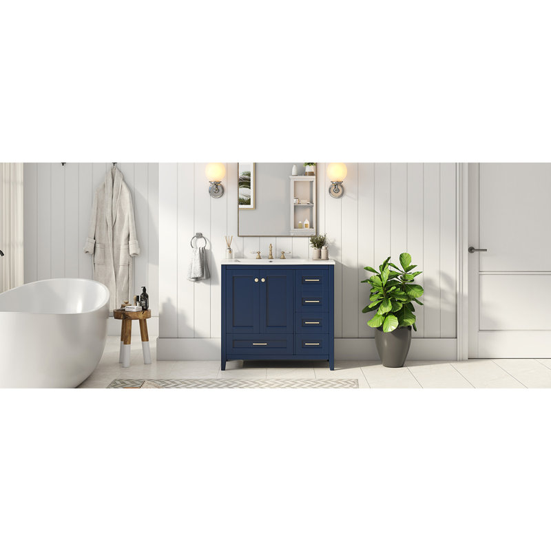 Ensemble de meuble-lavabo 36 po avec lavabo 36 po, armoire de salle de bain moderne à 4 tiroirs, ensemble de meuble-lavabo autoportant en bois avec pieds en bois massif, bleu