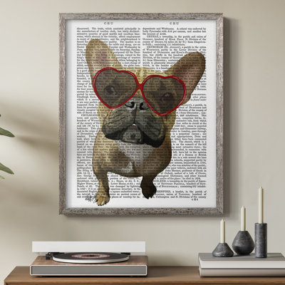 Bouledogue français et verres à cœur, reproduction encadrée - bois massif