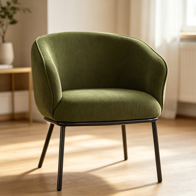 Fauteuil demi-tonneau compact en velours côtelé gris avec pieds en métal noir, fauteuil d'appoint capitonné Modern Channel