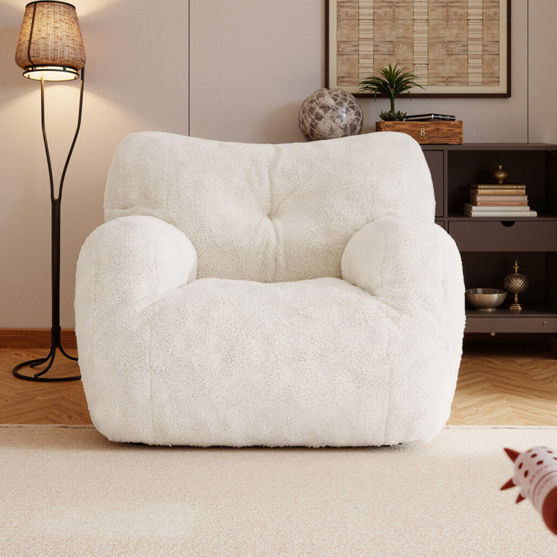 Compression 37"W Medium Teddy Fabric Bean Bag Chair, Ivory Teddy