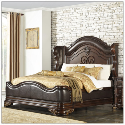 Royal Traditional King Bed Upholstered Carved Wood Nailhead Trim Wingback Dark Cherry Finish Formal Bedroom Furniture 1pc