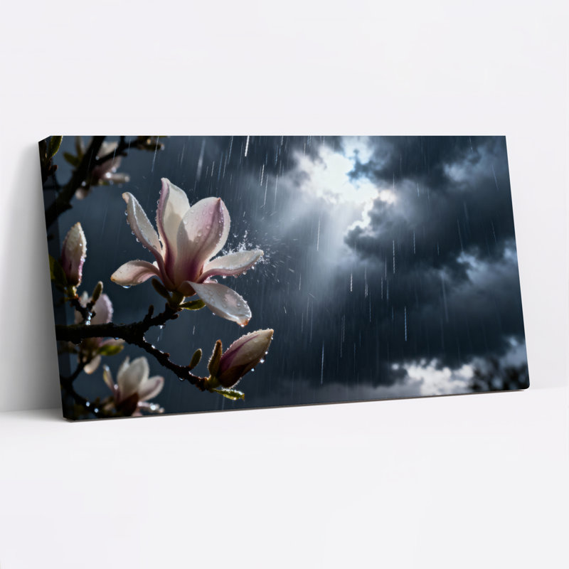 Ensemble de 1 tableau sur toile tendue représentant une fleur de magnolia sous la pluie, H 12 po x l 36 po