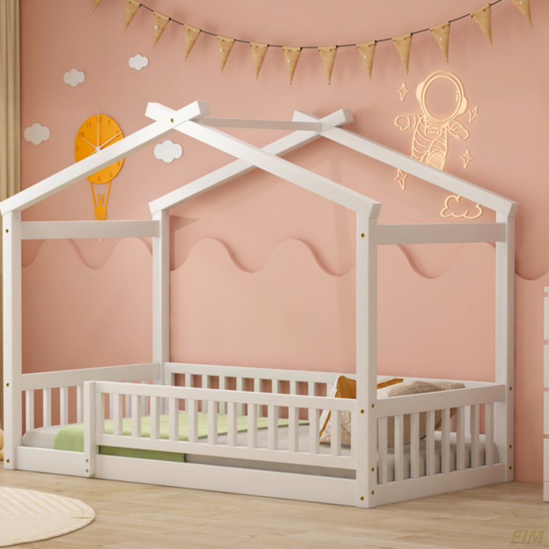 Cadre de lit en bois avec clôture, pour enfants, adolescents (lit), Lit simple, Blanc