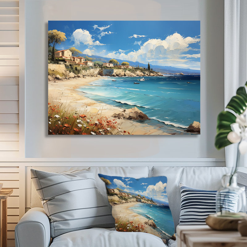 Maison blanche italienne au bord de la mer Méditerranée - reproduction d'art mural plage, H 16 po x l 32 po x P 1 po