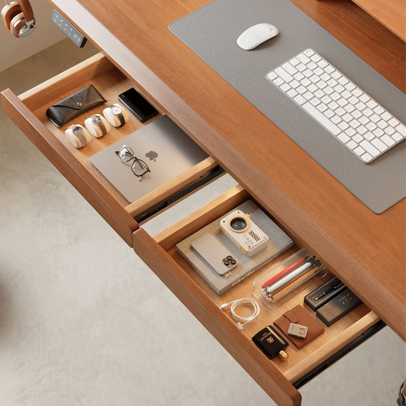Bureau rectangulaire en noyer massif avec 2 tiroirs, 25.59"H×70.87"L×27.56"W