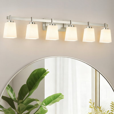 ETL Certificated 6-Light Vanity Light With Milk Glass Shades, Large Modern Bathroom Light Fixture