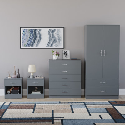 Tayce 4 Piece Bedroom Set (1 Drawer Bedside Chest X2, 5 Drawer Chest, 2 Door 2 Drawer Wardrobe)