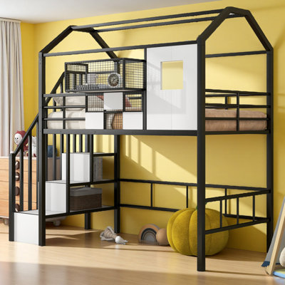 Lit mezzanine en métal avec toit et boîte de rangement, simple
