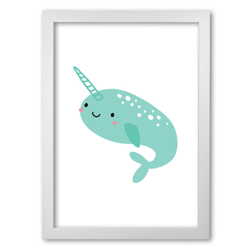 Children's Animals, Narwhal - Print, 60 cm H x 42 cm W x 5 cm D, White Grain Frame
