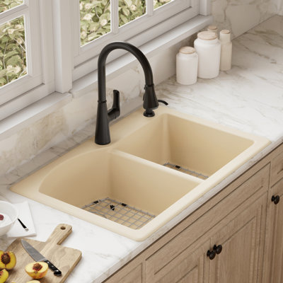 Karran Quartz 33'' X 22'' Double Bowl 60/40 Top Mount Drop-in Kitchen Sink Kit