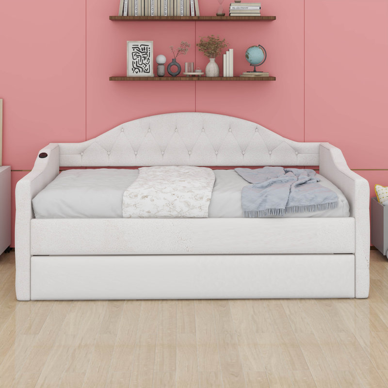 Twin Size Upholstered Daybed With Trundle,Velvet Sofa Bed With USB Ports And Wood Slats Supports,Button Tufted Backrest And Armrest, No Box Spring Needed