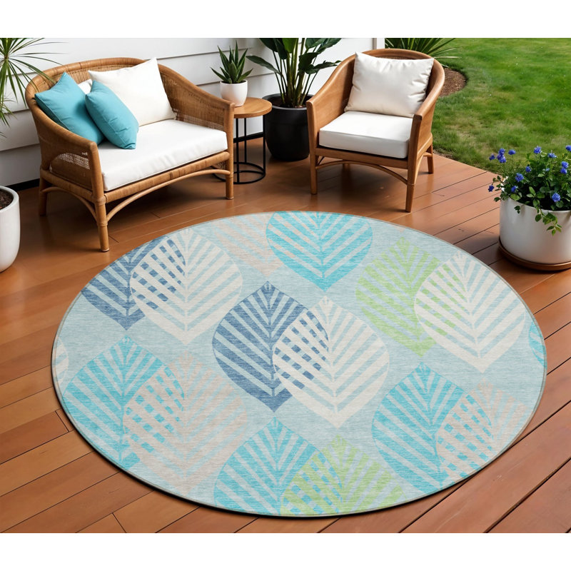 Tapis intérieur lavable floral rond bleu sarcelle et turquoise 8 pi HomeRoots