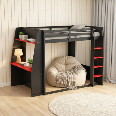 Grand lit superposé en bois avec bureau, deux tablettes de rangement, USB et lumière DEL