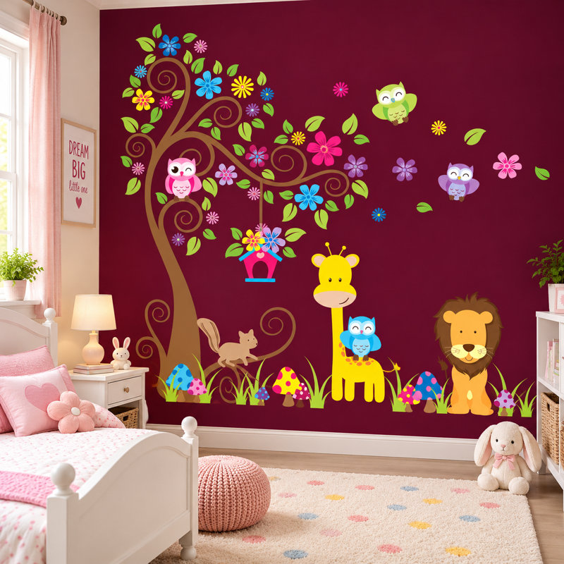 Adhésif décoratif arbre à tourbillon, jungle, hibou et giraffe, Schéma A