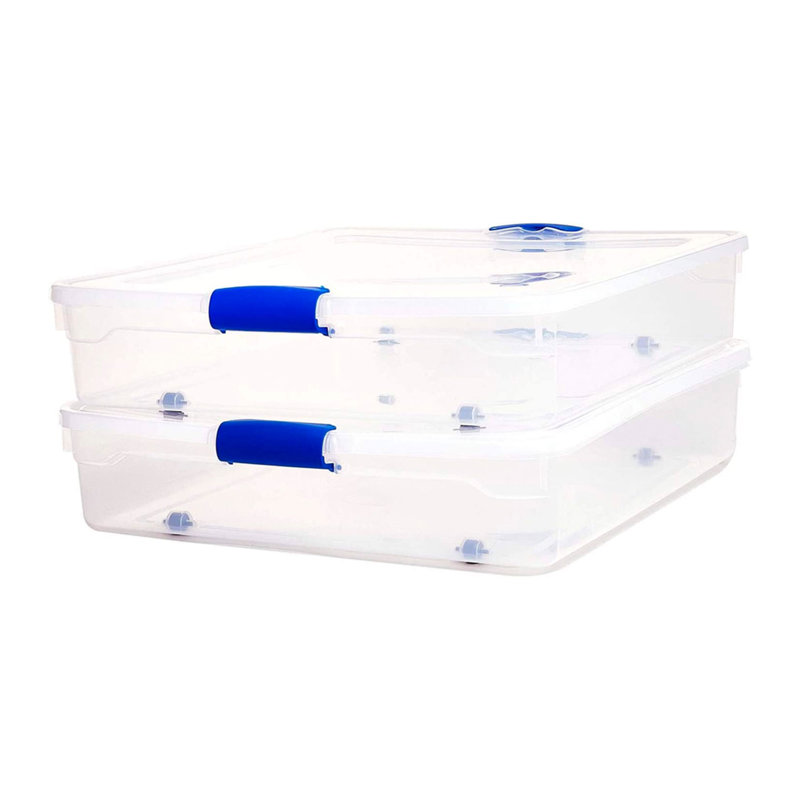 Homz Underbed Secure Latching Clear Plastic Storage Container, Clear/Blue, 56 qts., 4