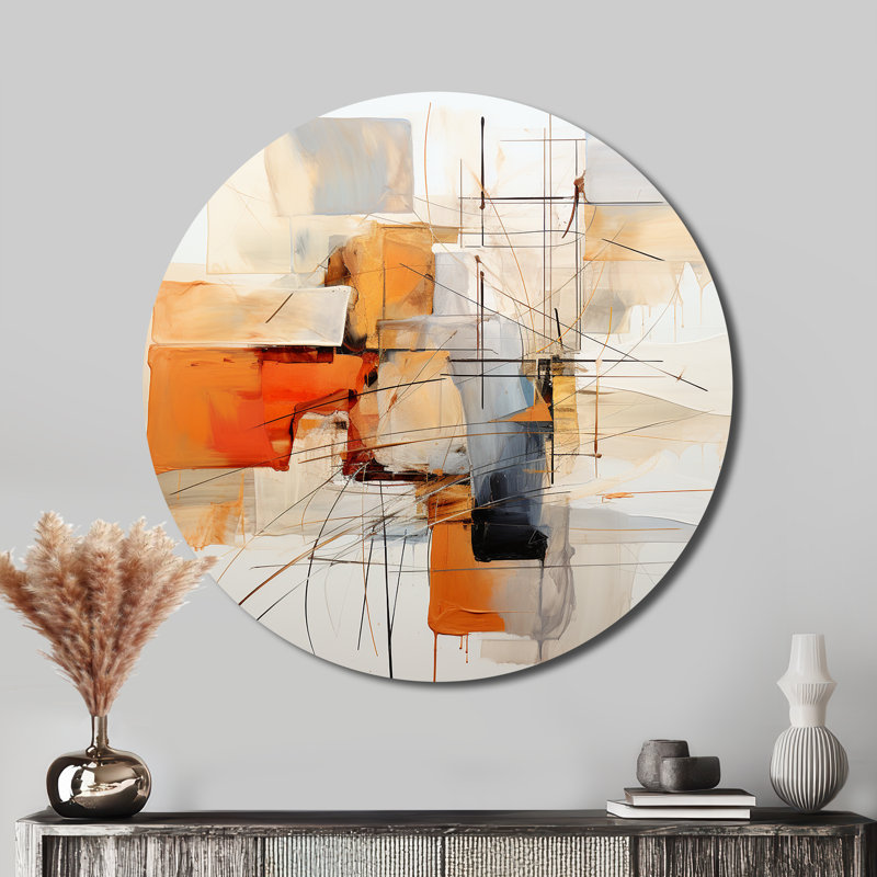 Orange orange, dessin au trait abstrait - Art abstrait rond en métal, H 16 po x l 16 po