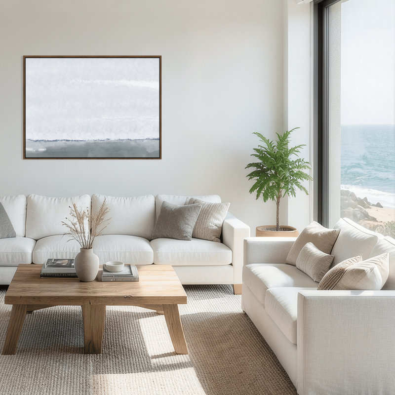 Coastal Retreat Silver Seas: Abstract Oceanscape, 30" H x 40" W x 2.375" D, Framed Canvas, Brown