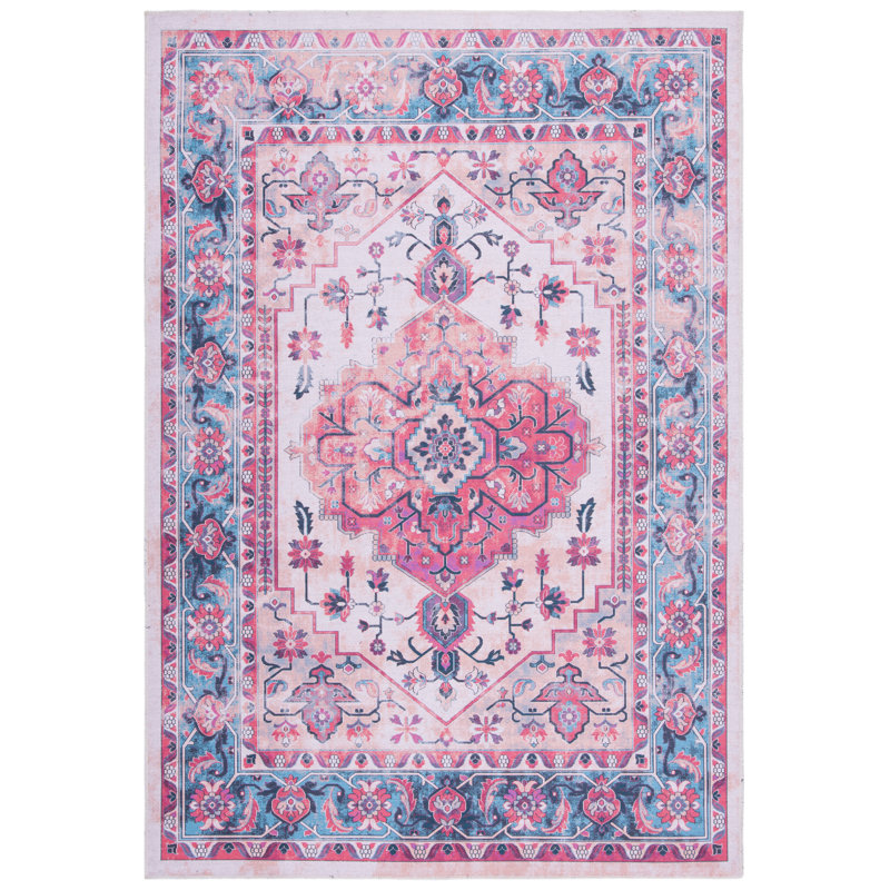 Aminah Ivory / Light Blue Machine Washable Rug, Rectangle 5'3" x 8'
