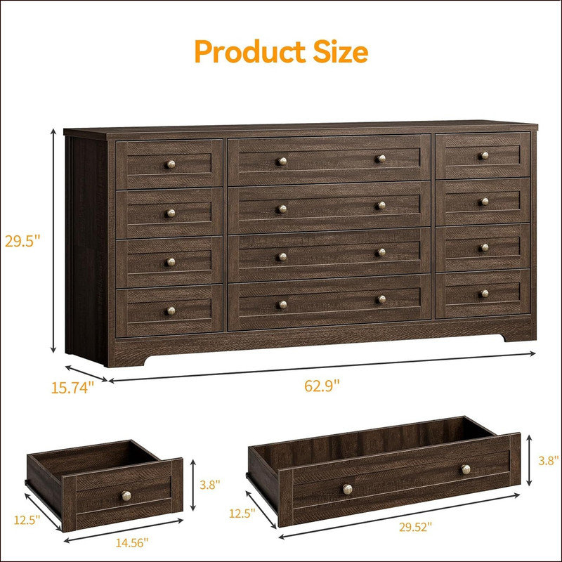 159.8 cm W Chest of 12 Drawers, Brown