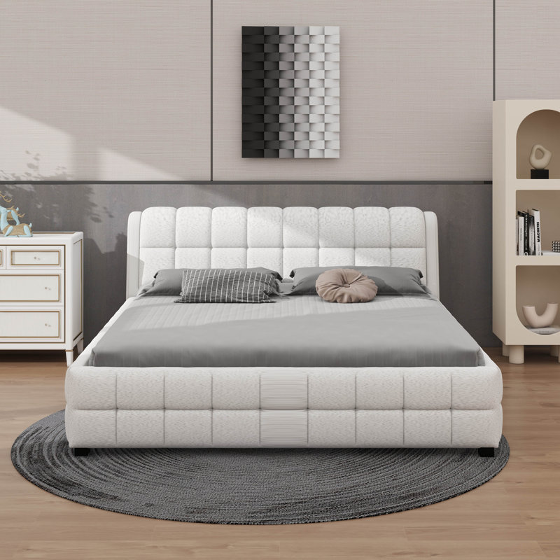 King Size Upholstered Platform Bed, White, King
