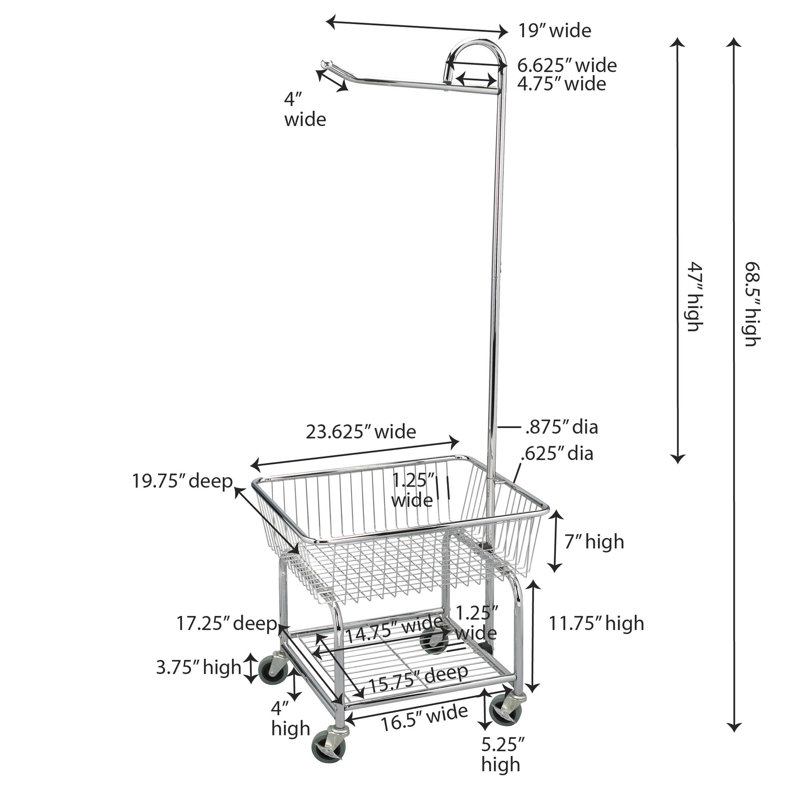 Chrome Rolling Laundry Cart with Basket and Hanging Bar