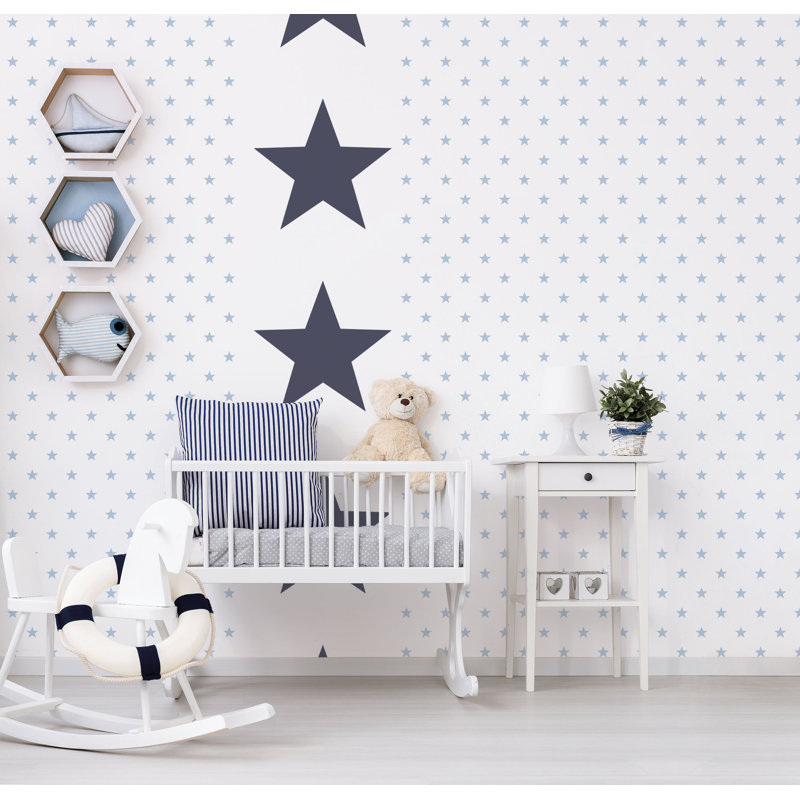 Deauville 2 Large Star Design 33' L x 21" W Wallpaper Roll, Navy Blue/White