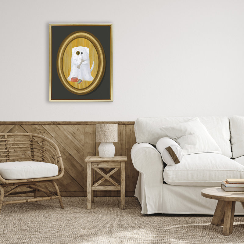 Chien fantôme avec cadre flottant en os, design par Jennifer Stith, H 21 po x l 17 po, Cadre flottant métallique doré