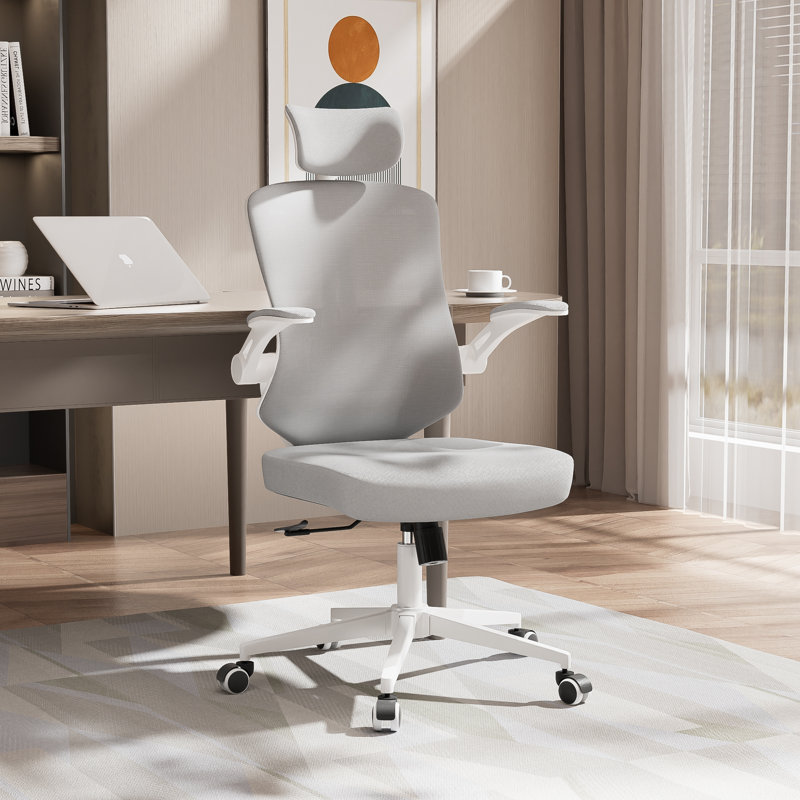 Chaise de bureau ergonomique, appui-tête réglable avec support lombaire et accoudoirs rabattables, Blanc / gris